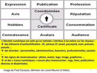 L’identité numérique est celle qu’un individu s’attribue à lui-même sur les réseaux :
 des éléments d’authentification : ID, adresse IP, email, password, nom, prénom,
pseudo …
 des données : personnelles, administratives, bancaires, professionnelles, sociales
…
 des signes de reconnaissance : photo, avatar, logo, image, graphisme …
 et des « traces numériques » encore plus évanescentes : tags, liens, publications
diverses et disséminées
Image de Fred Cavazza, définition de Lionel Maurel (cf biblio)

9

 