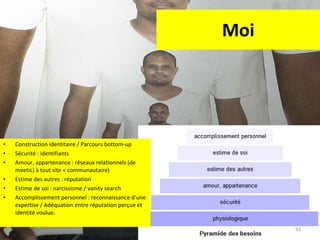 Moi Construction identitaire / Parcours bottom-up Sécurité : identifiants Amour, appartenance : réseaux relationnels (de meetic) à tout site « communautaire) Estime des autres : réputation Estime de soi : narcissisme / vanity search Accomplissement personnel : reconnaissance d’une expertise / Adéquation entre réputation perçue et identité voulue. 