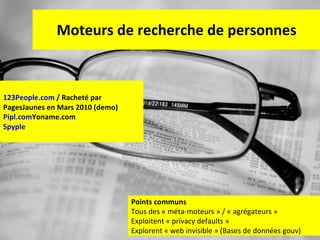 Moteurs de recherche de personnes 123People.com  / Racheté par PagesJaunes en Mars 2010 (demo) Pipl.com Yoname .com Spyple Points communs Tous des « méta-moteurs » / « agrégateurs » Exploitent « privacy defaults » Explorent « web invisible » (Bases de données gouv) 