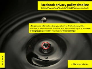 Facebook privacy policy timeline (cf http://www.eff.org/deeplinks/2010/04/facebook-timeline/) « No personal information that you submit to Thefacebook will be available to any user of the Web Site who does not belong to at least  one of the groups  specified by you in your  privacy settings  » 2 0 0 5 « Moi et les miens » 