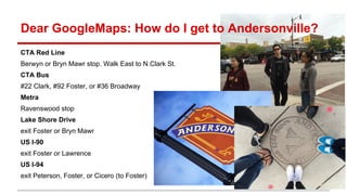 Dear GoogleMaps: How do I get to Andersonville? 
CTA Red Line 
Berwyn or Bryn Mawr stop. Walk East to N.Clark St. 
CTA Bus 
#22 Clark, #92 Foster, or #36 Broadway 
Metra 
Ravenswood stop 
Lake Shore Drive 
exit Foster or Bryn Mawr 
US I-90 
exit Foster or Lawrence 
US I-94 
exit Peterson, Foster, or Cicero (to Foster) 
 
