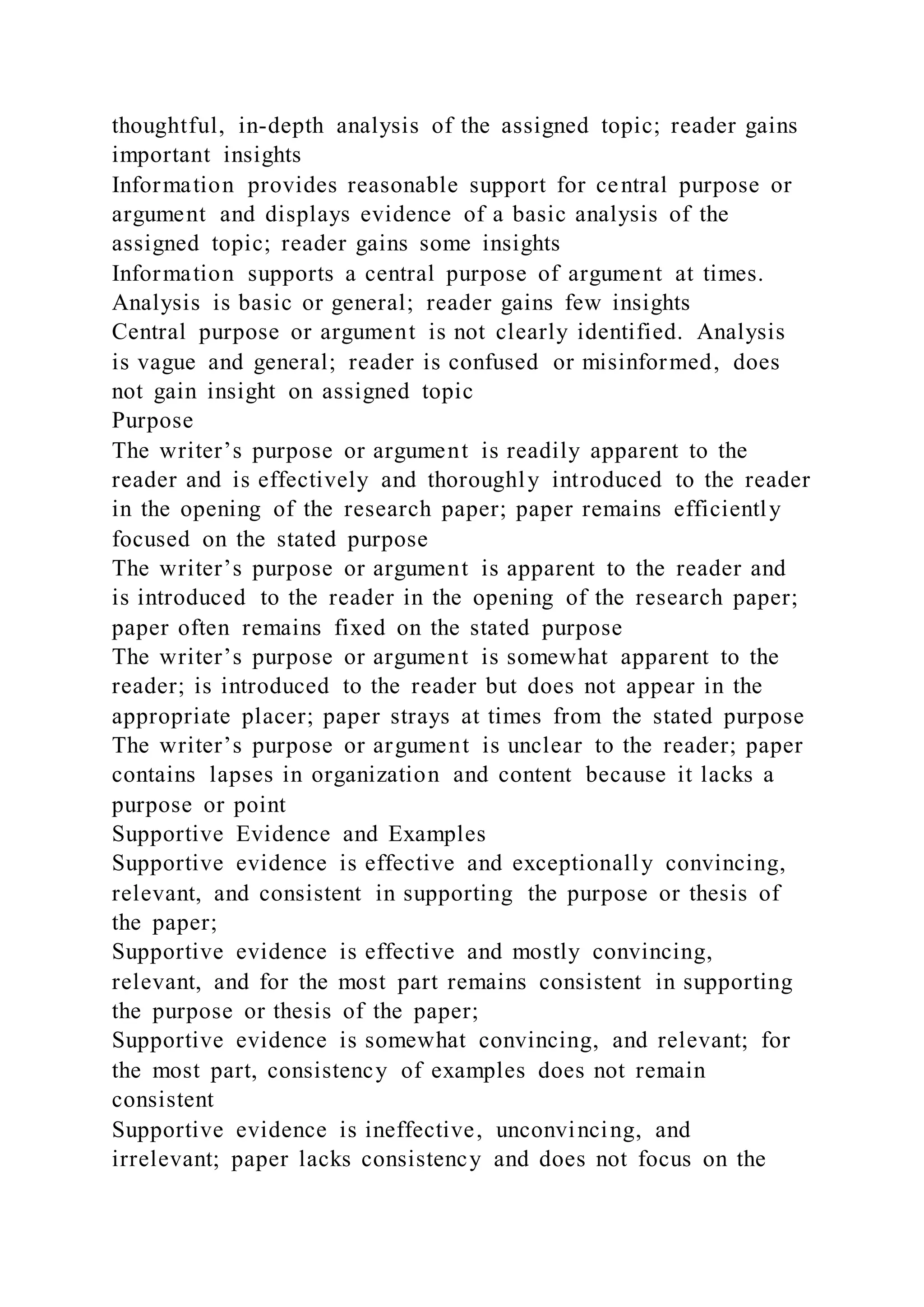 thoughtful, in-depth analysis of the assigned topic; reader gains
important insights
Information provides reasonable support for central purpose or
argument and displays evidence of a basic analysis of the
assigned topic; reader gains some insights
Information supports a central purpose of argument at times.
Analysis is basic or general; reader gains few insights
Central purpose or argument is not clearly identified. Analysis
is vague and general; reader is confused or misinformed, does
not gain insight on assigned topic
Purpose
The writer’s purpose or argument is readily apparent to the
reader and is effectively and thoroughly introduced to the reader
in the opening of the research paper; paper remains efficiently
focused on the stated purpose
The writer’s purpose or argument is apparent to the reader and
is introduced to the reader in the opening of the research paper;
paper often remains fixed on the stated purpose
The writer’s purpose or argument is somewhat apparent to the
reader; is introduced to the reader but does not appear in the
appropriate placer; paper strays at times from the stated purpose
The writer’s purpose or argument is unclear to the reader; paper
contains lapses in organization and content because it lacks a
purpose or point
Supportive Evidence and Examples
Supportive evidence is effective and exceptionally convincing,
relevant, and consistent in supporting the purpose or thesis of
the paper;
Supportive evidence is effective and mostly convincing,
relevant, and for the most part remains consistent in supporting
the purpose or thesis of the paper;
Supportive evidence is somewhat convincing, and relevant; for
the most part, consistency of examples does not remain
consistent
Supportive evidence is ineffective, unconvincing, and
irrelevant; paper lacks consistency and does not focus on the
 