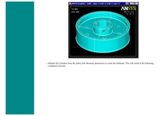 ❍ Subtract the cylinders from the pulley hub (Boolean operations) to create the boltholes. This will result in the following
completed structure:
 