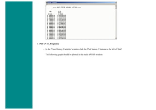 3. Plot UY vs. frequency
❍ In the 'Time History Variables' window click the 'Plot' button, 2 buttons to the left of 'Add'
The following graph should be plotted in the main ANSYS window.
 