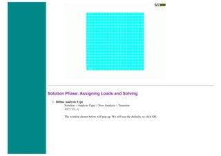 Solution Phase: Assigning Loads and Solving
1. Define Analysis Type
Solution > Analysis Type > New Analysis > Transient
ANTYPE,4
The window shown below will pop up. We will use the defaults, so click OK.
 