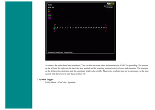 As shown, the nodes have been numbered. You can also see some other information that ANSYS is providing. The arrows
on the left and the right are the force that was applied and the resulting external reactive forces and moments. The triangles
on the left are the constraints and the coordinate triad is also visible. These extra symbols may not be necessary, so the next
section will show how to turn these symbols off.
2. Symbol Toggles
Utility Menu > PlotCtrls > Symbols
 