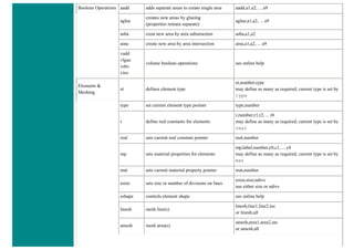 Boolean Operations aadd adds separate areas to create single area aadd,a1,a2, ... a9
aglue
creates new areas by glueing
(properties remain separate)
aglue,a1,a2, ... a9
asba creat new area by area substraction asba,a1,a2
aina create new area by area intersection aina,a1,a2, ... a9
vadd
vlgue
vsbv
vinv
volume boolean operations see online help
Elements &
Meshing
et defines element type
et,number,type
may define as many as required; current type is set by
type
type set current element type pointer type,number
r define real constants for elements
r,number,r1,r2, ... r6
may define as many as required; current type is set by
real
real sets current real constant pointer real,number
mp sets material properties for elements
mp,label,number,c0,c1, ... c4
may define as many as required; current type is set by
mat
mat sets current material property pointer mat,number
esize sets size or number of divisions on lines
esize,size,ndivs
use either size or ndivs
eshape controls element shape see online help
lmesh mesh line(s)
lmesh,line1,line2,inc
or lmesh,all
amesh mesh area(s)
amesh,area1,area2,inc
or amesh,all
 