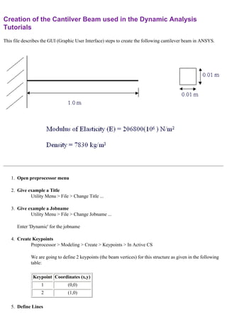 Creation of the Cantilver Beam used in the Dynamic Analysis
Tutorials
This file describes the GUI (Graphic User Interface) steps to create the following cantilever beam in ANSYS.
1. Open preprocessor menu
2. Give example a Title
Utility Menu > File > Change Title ...
3. Give example a Jobname
Utility Menu > File > Change Jobname ...
Enter 'Dynamic' for the jobname
4. Create Keypoints
Preprocessor > Modeling > Create > Keypoints > In Active CS
We are going to define 2 keypoints (the beam vertices) for this structure as given in the following
table:
Keypoint Coordinates (x,y)
1 (0,0)
2 (1,0)
5. Define Lines
 