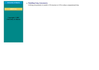 University of Alberta
ANSYS Inc.
Copyright © 2001
University of Alberta
● Modelling Using Axisymmetry
Utilizing axisymmetry to model a 3-D structure in 2-D to reduce computational time.
 