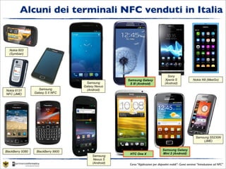 Alcuni dei terminali NFC venduti in Italia


  Nokia 603
  (Symbian)




                                                                                      Sony
                                                      Samsung Galaxy                Xperia S                 Nokia N9 (MeeGo)
                                      Samsung          S III (Android)              (Android)
                                     Galaxy Nexus
Nokia 6131           Samsung          (Android)
NFC (JME)         Galaxy S II NFC




                                                                                                               Samsung S5230N
                                                                                                                   (JME)

                                                                                   Samsung Galaxy
BlackBerry 9380    BlackBerry 9900
                                                       HTC One X                   Mini 2 (Android)
                                          Samsung
                                           Nexus S
                                          (Android)    Corso “Applicazioni per dispositivi mobili”- Guest seminar “Introduzione ad NFC”
 
