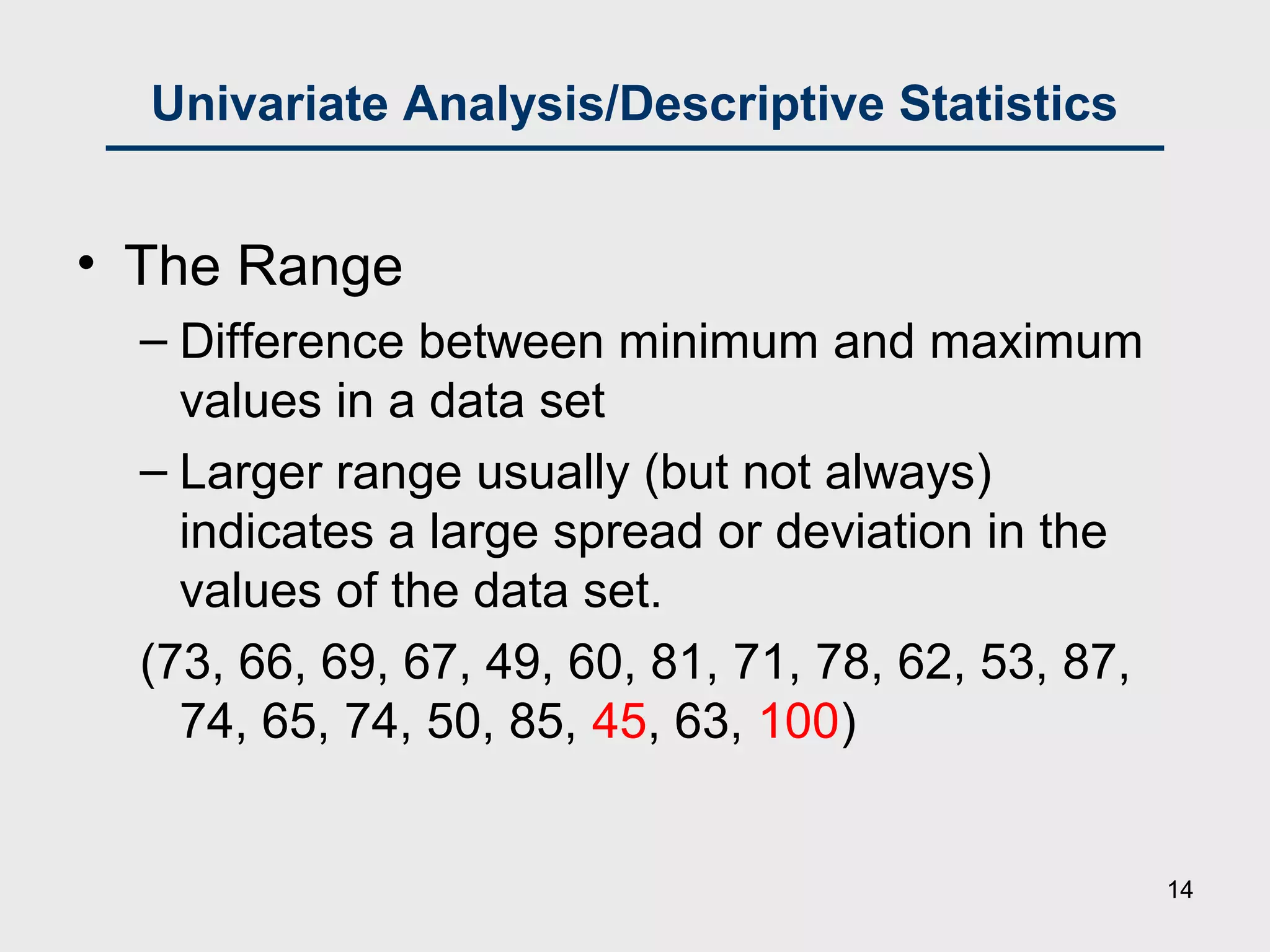 Univariate Analysis/Descriptive Statistics
• The Range
– Difference between minimum and maximum
values in a data set
– Larger range usually (but not always)
indicates a large spread or deviation in the
values of the data set.
(73, 66, 69, 67, 49, 60, 81, 71, 78, 62, 53, 87,
74, 65, 74, 50, 85, 45, 63, 100)
14
 