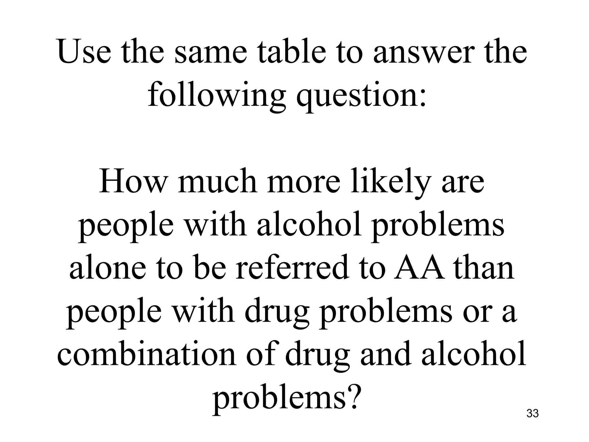 Use the same table to answer the
following question:
How much more likely are
people with alcohol problems
alone to be referred to AA than
people with drug problems or a
combination of drug and alcohol
problems? 33
 