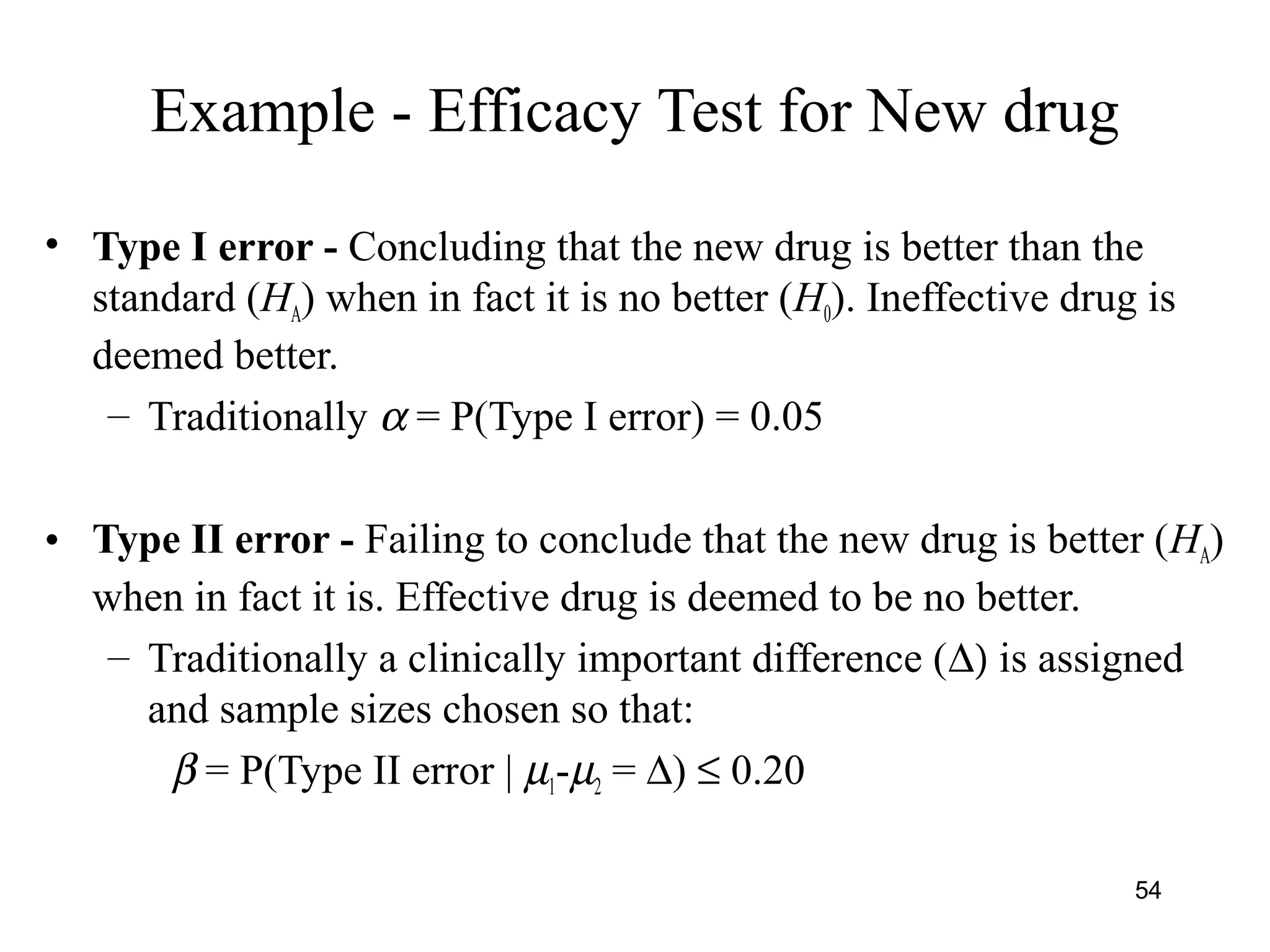 Example - Efficacy Test for New drug
• Type I error - Concluding that the new drug is better than the
standard (HA) when in fact it is no better (H0). Ineffective drug is
deemed better.
– Traditionally α = P(Type I error) = 0.05
• Type II error - Failing to conclude that the new drug is better (HA)
when in fact it is. Effective drug is deemed to be no better.
– Traditionally a clinically important difference (∆) is assigned
and sample sizes chosen so that:
β = P(Type II error | µ1-µ2 = ∆) ≤ 0.20
54
 