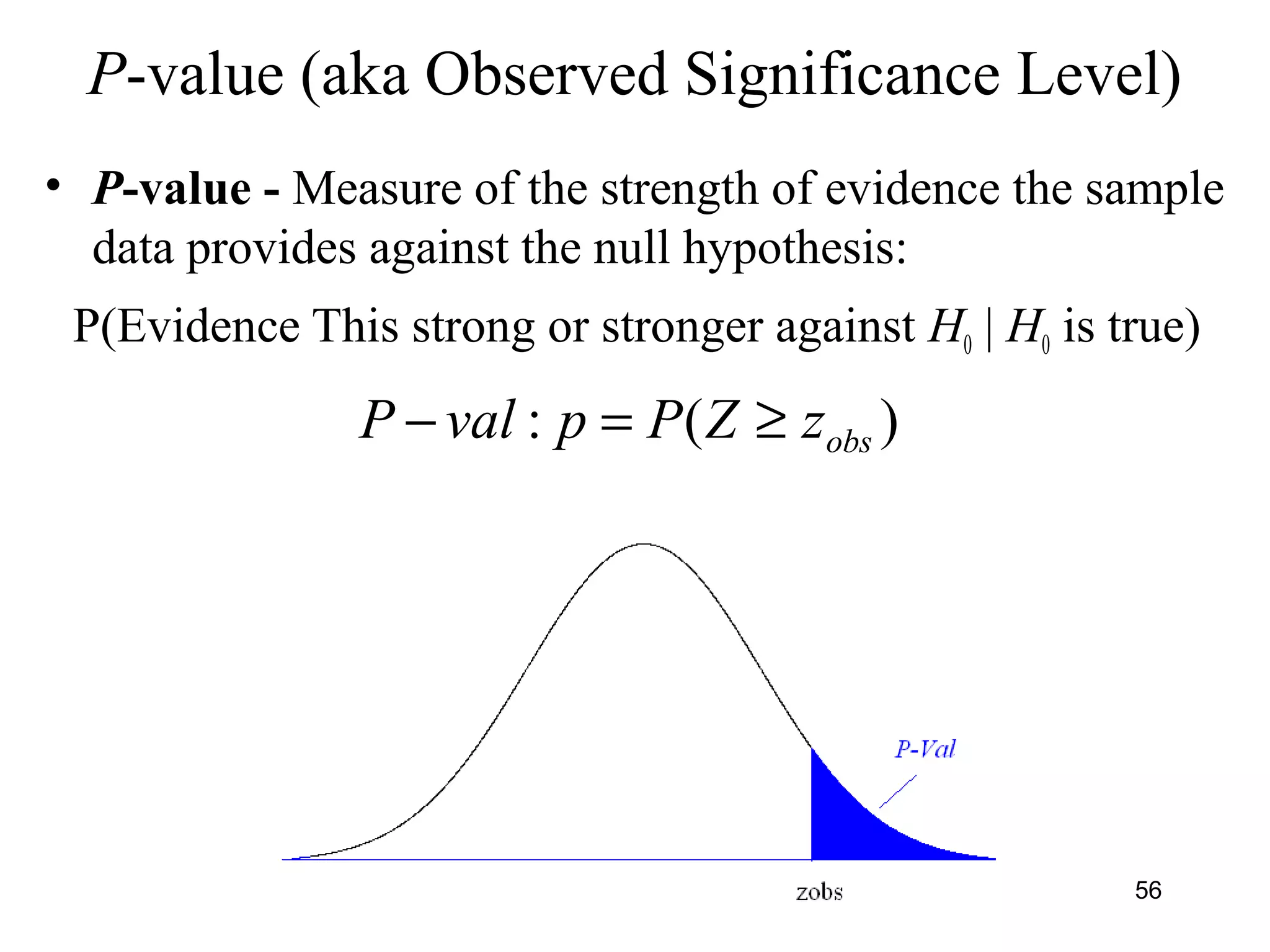 P-value (aka Observed Significance Level)
• P-value - Measure of the strength of evidence the sample
data provides against the null hypothesis:
P(Evidence This strong or stronger against H0 | H0 is true)
)(: obszZPpvalP ≥=−
56
 