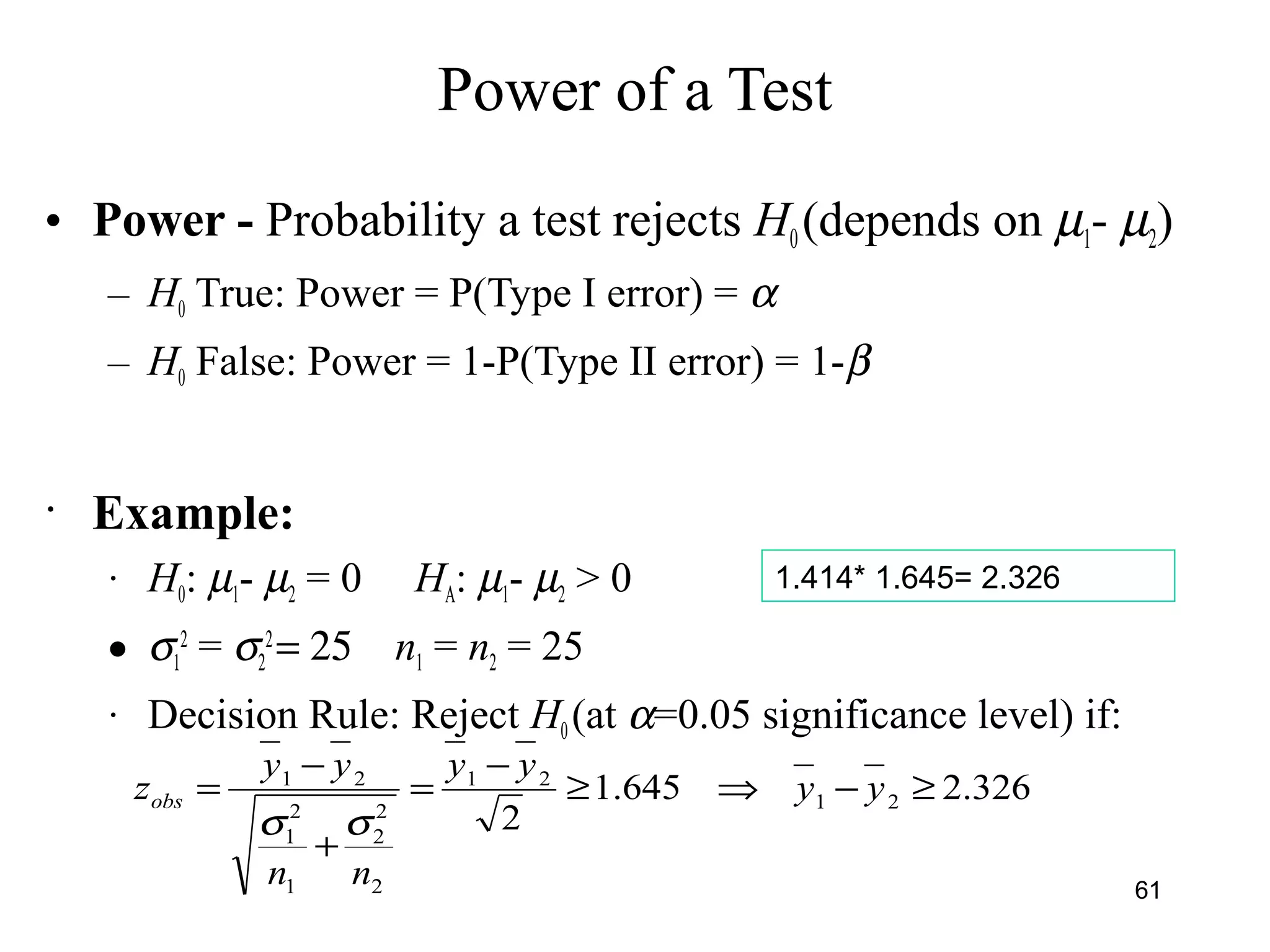 Power of a Test
• Power - Probability a test rejects H0(depends on µ1- µ2)
– H0 True: Power = P(Type I error) = α
– H0 False: Power = 1-P(Type II error) = 1-β
· Example:
· H0: µ1- µ2 = 0 HA: µ1- µ2 > 0
• σ1
2
= σ2
2
= 25 n1 = n2 = 25
· Decision Rule: Reject H0 (at α=0.05 significance level) if:
326.2645.1
2
21
21
2
2
2
1
2
1
21
≥−⇒≥
−
=
+
−
= yy
yy
nn
yy
zobs
σσ
1.414* 1.645= 2.326
61
 