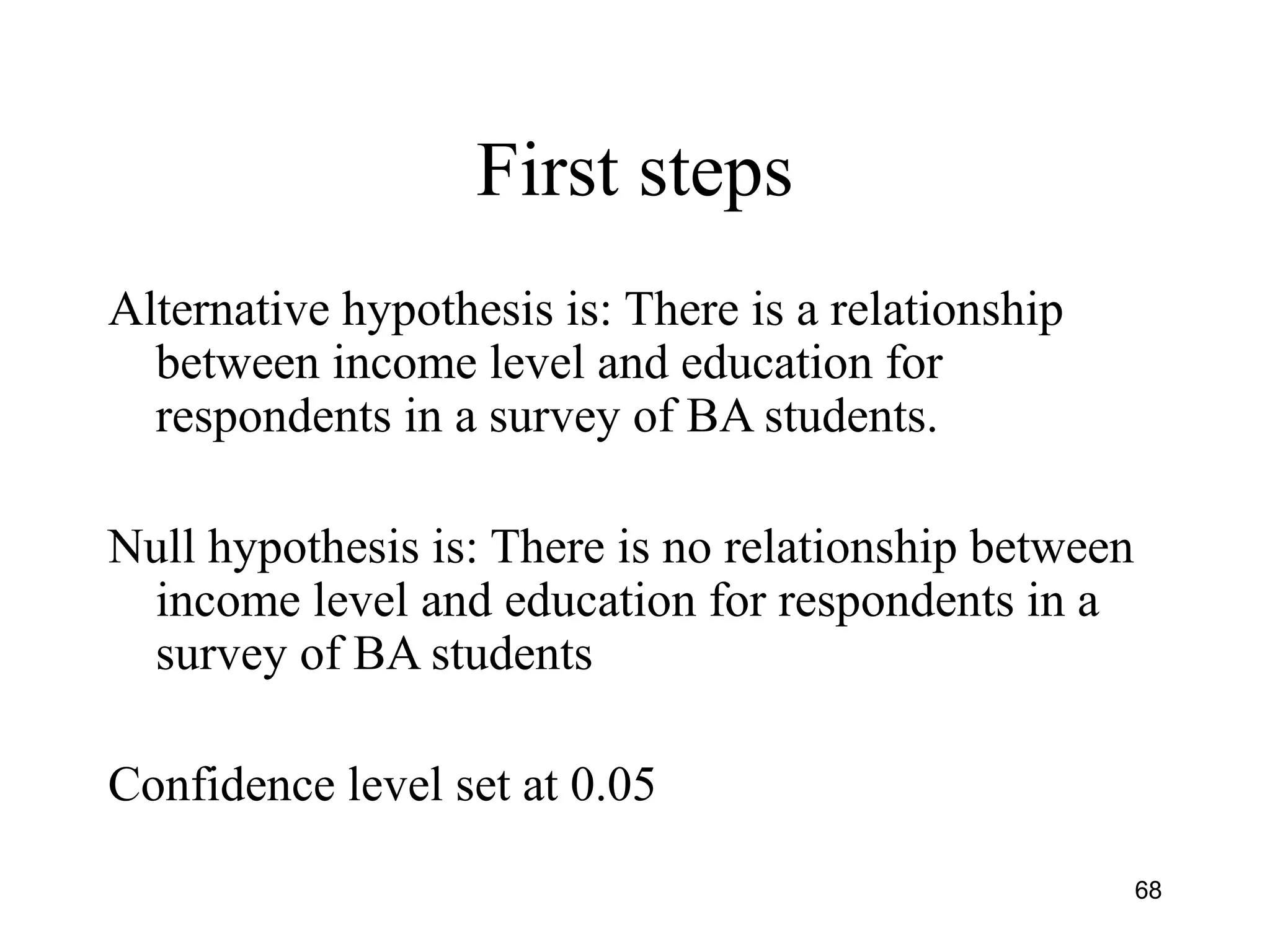 First steps
Alternative hypothesis is: There is a relationship
between income level and education for
respondents in a survey of BA students.
Null hypothesis is: There is no relationship between
income level and education for respondents in a
survey of BA students
Confidence level set at 0.05
68
 