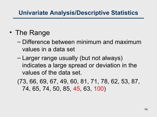Univariate Analysis/Descriptive Statistics
• The Range
– Difference between minimum and maximum
values in a data set
– Larger range usually (but not always)
indicates a large spread or deviation in the
values of the data set.
(73, 66, 69, 67, 49, 60, 81, 71, 78, 62, 53, 87,
74, 65, 74, 50, 85, 45, 63, 100)
14
 