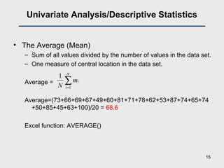 Univariate Analysis/Descriptive Statistics
• The Average (Mean)
– Sum of all values divided by the number of values in the data set.
– One measure of central location in the data set.
Average =
Average=(73+66+69+67+49+60+81+71+78+62+53+87+74+65+74
+50+85+45+63+100)/20 = 68.6
Excel function: AVERAGE()
∑=
N
i
im
N 1
1
15
 