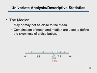 Univariate Analysis/Descriptive Statistics
• The Median
– May or may not be close to the mean.
– Combination of mean and median are used to define
the skewness of a distribution.
0 2.5 7.5 10
6.25
18
 