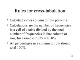 Rules for cross-tabulation
• Calculate either column or row percents.
• Calculations are the number of frequencies
in a cell of a table divided by the total
number of frequencies in that column or
row, for example 20/25 = 80.0%
• All percentages in a column or row should
total 100%.
29
 