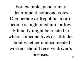 For example, gender may
determine if someone votes
Democratic or Republican or if
income is high, medium, or low.
Ethnicity might be related to
where someone lives or attitudes
about whether undocumented
workers should receive driver’s
licenses. 37
 