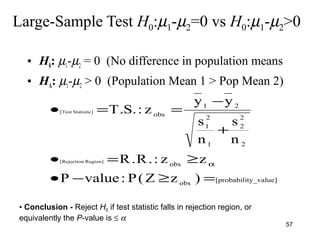Large-Sample Test H0:µ1-µ2=0 vs H0:µ1-µ2>0
• H0: µ1-µ2 = 0 (No difference in population means
• HA: µ1-µ2 > 0 (Population Mean 1 > Pop Mean 2)
ty_value][probabiliobs
obs
2
2
2
1
2
1
21
obs
)zZ(P:valueP
zz:.R.R
n
s
n
s
yy
z:.S.T
Region][Rejection
Statistic][Test
=≥−•
≥=•
+
−
==•
α
• Conclusion - Reject H0 if test statistic falls in rejection region, or
equivalently the P-value is ≤ α
57
 