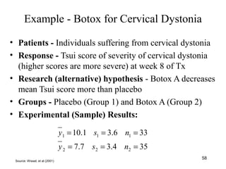 Example - Botox for Cervical Dystonia
• Patients - Individuals suffering from cervical dystonia
• Response - Tsui score of severity of cervical dystonia
(higher scores are more severe) at week 8 of Tx
• Research (alternative) hypothesis - Botox A decreases
mean Tsui score more than placebo
• Groups - Placebo (Group 1) and Botox A (Group 2)
• Experimental (Sample) Results:
354.37.7
336.31.10
222
111
===
===
nsy
nsy
Source: Wissel, et al (2001)
58
 