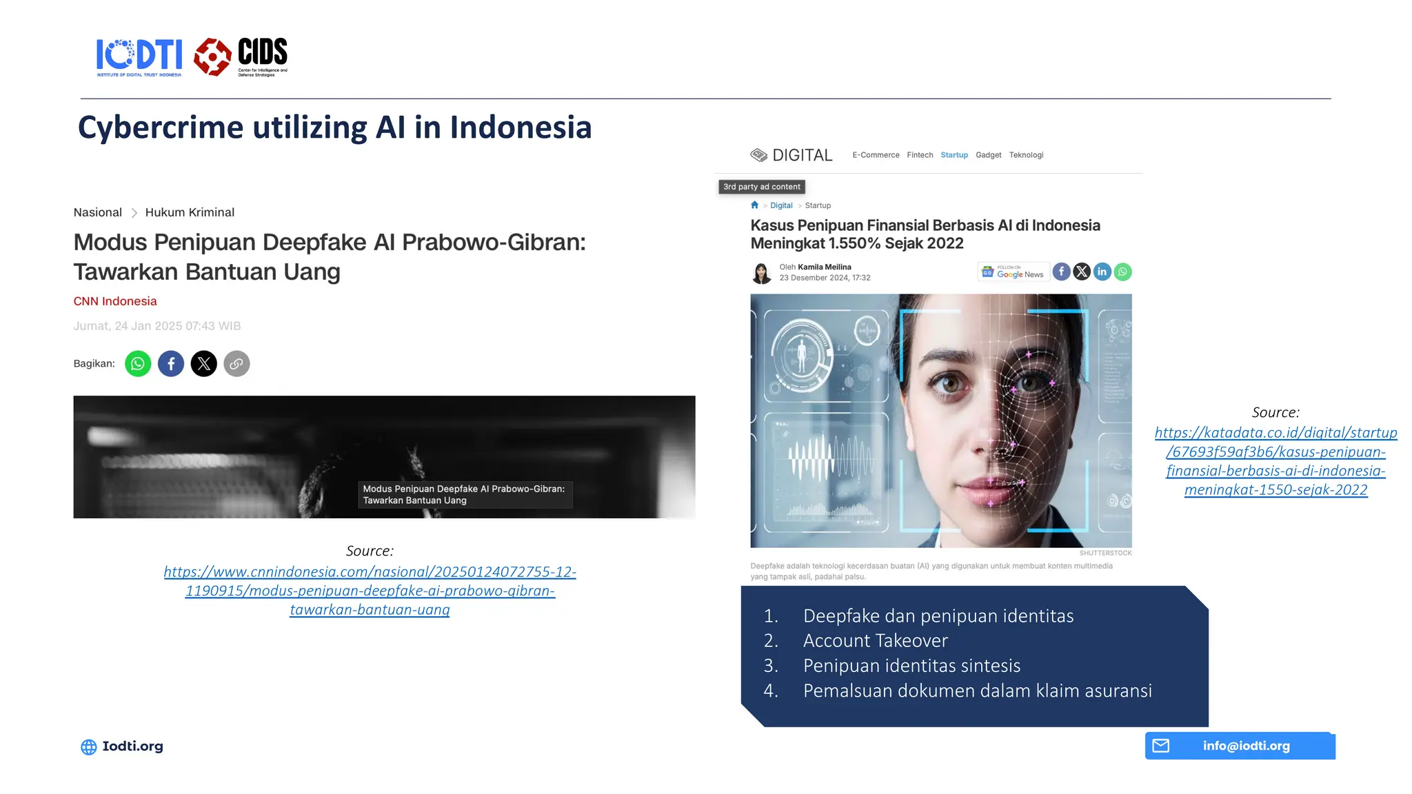Cybercrime utilizing AI in Indonesia
info@iodti.org
Iodti.org
Source:
https://www.cnnindonesia.com/nasional/20250124072755-12-
1190915/modus-penipuan-deepfake-ai-prabowo-gibran-
tawarkan-bantuan-uang
Source:
https://katadata.co.id/digital/startup
/67693f59af3b6/kasus-penipuan-
finansial-berbasis-ai-di-indonesia-
meningkat-1550-sejak-2022
1. Deepfake dan penipuan identitas
2. Account Takeover
3. Penipuan identitas sintesis
4. Pemalsuan dokumen dalam klaim asuransi
 