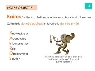 4
Kairos facilite la création de valeur marchande et citoyenne
Collecter la donnée publique et favoriser la donnée privée
NOTRE OBJECTIF
Knowledge on
Acceptable
Information for
Real
Opportunities
Solution
« Le Dieu Kairos est un petit dieu ailé,
de l’opportunité qu’il faut saisir
quand il passe »
 