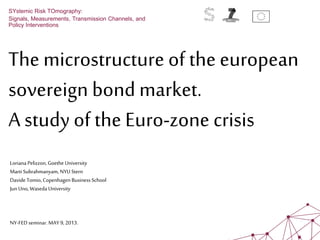 The microstructure of the european
sovereign bond market.
A study of the Euro-zone crisis
SYstemic Risk TOmography:
Signals, Measurements, Transmission Channels, and
Policy Interventions
Loriana Pelizzon, Goethe University
Marti Subrahmanyam, NYU Stern
Davide Tomio, Copenhagen Business School
Jun Uno, Waseda University
NY-FED seminar. MAY 9, 2013.
 