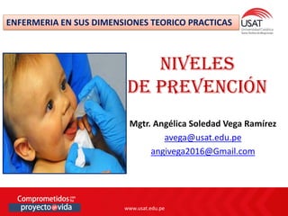 www.usat.edu.pe
www.usat.edu.pe
Mgtr. Angélica Soledad Vega Ramírez
avega@usat.edu.pe
angivega2016@Gmail.com
NIVELES
DE Prevención
ENFERMERIA EN SUS DIMENSIONES TEORICO PRACTICAS
 