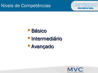 Universidade de Vendas
Níveis de Competências
BásicoBásico
IntermediárioIntermediário
AvançadoAvançado
 