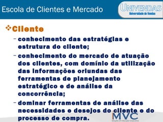 Universidade de Vendas
Escola de Clientes e Mercado
Cliente
– conhecimento das estratégias e
estrutura do cliente;
– conhecimento do mercado de atuação
dos clientes, com domínio da utilização
das informações oriundas das
ferramentas de planejamento
estratégico e de análise da
concorrência;
– dominar ferramentas de análise das
necessidades e desejos do cliente e do
processo de compra.
 