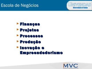 Universidade de Vendas
Escola de Negócios
 FinançasFinanças
 ProjetosProjetos
 ProcessosProcessos
 ProduçãoProdução
 Inovação eInovação e
EmpreendedorismoEmpreendedorismo
 
