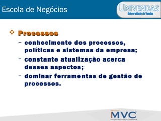 Universidade de Vendas
 ProcessosProcessos
– conhecimento dos processos,
políticas e sistemas da empresa;
– constante atualização acerca
desses aspectos;
– dominar ferramentas de gestão de
processos.
Escola de Negócios
 