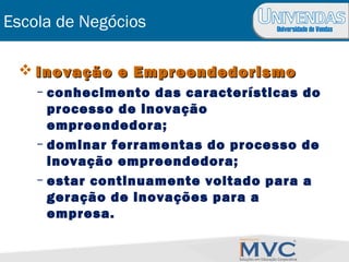 Universidade de Vendas
Escola de Negócios
 Inovação e EmpreendedorismoInovação e Empreendedorismo
– conhecimento das características do
processo de inovação
empreendedora;
– dominar ferramentas do processo de
inovação empreendedora;
– estar continuamente voltado para a
geração de inovações para a
empresa.
 