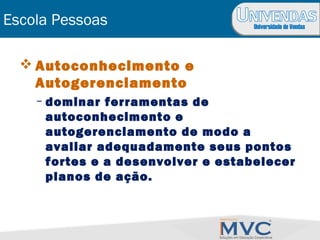 Universidade de Vendas
Escola Pessoas
 Autoconhecimento e
Autogerenciamento
– dominar ferramentas de
autoconhecimento e
autogerenciamento de modo a
avaliar adequadamente seus pontos
fortes e a desenvolver e estabelecer
planos de ação.
 