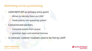 Rethinking service provisioning
●
UDM-REST-API as primary entry point
1) Writes to Identity Store via LDAP
2) Feeds events into queueing system
●
Containerized workers
1) Consume events from queue
2) provision Apps and external Services
●
In contrast: Listener modules used to be fed by LDAP
 