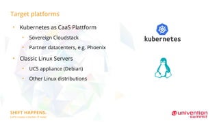 Target platforms
●
Kubernetes as CaaS Plattform
●
Sovereign Cloudstack
●
Partner datacenters, e.g. Phoenix
●
Classic Linux Servers
●
UCS appliance (Debian)
●
Other Linux distributions
 