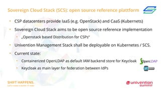 Sovereign Cloud Stack (SCS): open source reference plattform
●
CSP datacenters provide IaaS (e.g. OpenStack) and CaaS (Kubernets)
●
Sovereign Cloud Stack aims to be open source reference implementation
●
„Openstack based Distribution for CSPs“
●
Univention Management Stack shall be deployable on Kubernetes / SCS.
●
Current state:
●
Containerized OpenLDAP as default IAM backend store for Keycloak
●
Keycloak as main layer for federation between IdPs
 