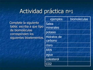 Actividad práctica n º 1 Complete la siguiente tabla: escriba a que tipo de biomoléculas corresponden los siguientes bioelementos. agua colesterol Hidratos de carbono cloro ARN CO2 potasio Salea minerales biomoleculas ejemplos 