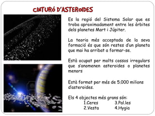 Es la regió del Sistema Solar que es
troba aproximadament entre les òrbites
dels planetes Mart i Júpiter.
La teoria més acceptada de la seva
formació és que són restes d’un planeta
que mai ha arribat a formar-se.
Està ocupat per molts cossos irregulars
que s’anomenen asteroides o planetes
menors
Està format per més de 5.000 milions
d’asteroides.
Els 4 objectes més grans són:
1.Ceres
3.Pal.les
2.Vesta
4.Hygia

 
