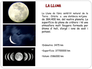 La Lluna és l’únic satèl·lit natural de la
Terra . Orbita a una distància mitjana

de 384.400 km. del nostre planeta. La
superfície és plena de cràters i té una
atmosfera molt lleugera formada per
àtoms d’ heli, d’argó i ions de sodi i
potassi.

•Diàmetre: 3475 km
•Superfície: 37700000 km
•Volum: 2186000 km

 