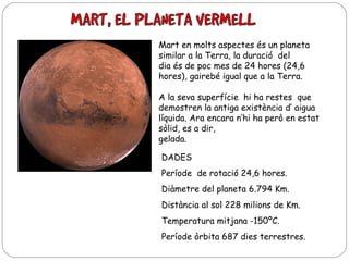 Mart en molts aspectes és un planeta
similar a la Terra, la duració del
dia és de poc mes de 24 hores (24,6
hores), gairebé igual que a la Terra.
A la seva superfície hi ha restes que
demostren la antiga existència d’ aigua
líquida. Ara encara n’hi ha però en estat
sòlid, es a dir,
gelada.
DADES
Període de rotació 24,6 hores.
Diàmetre del planeta 6.794 Km.
Distància al sol 228 milions de Km.
Temperatura mitjana -150ºC.
Període òrbita 687 dies terrestres.

 