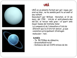 URÀ es un planeta format per gel i aigua, per
això es blau , no ho sembla però te un anell al
seu voltant.
Descobert per William Herschel, el 13 de
març del 1781 . Urà és el setè planeta des
del Sol, el tercer més gran i el quart amb
major massa del Sistema Solar.
La composició de l'atmosfera d'Urà és
diferent que la d'Urà tot sencer, ja que
consisteix principalment d‘hidrogen
molecular i heli.
DADES
- Te 50.724km de diàmetre.
- Gravetat8.69 m/s2 
- Distancia del sol 2.870 milions de km

 