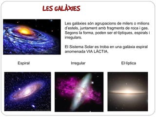 Les galàxies són agrupacions de milers o milions
d’estels, juntament amb fragments de roca i gas.
Segons la forma, poden ser el·líptiques, espirals i
irregulars.
El Sistema Solar es troba en una galàxia espiral
anomenada VIA LÀCTIA.
Espiral

Irregular

El·líptica

 