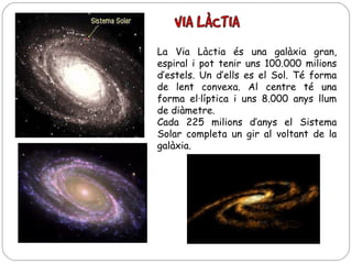 La Via Làctia és una galàxia gran,
espiral i pot tenir uns 100.000 milions
d’estels. Un d’ells es el Sol. Té forma
de lent convexa. Al centre té una
forma el·líptica i uns 8.000 anys llum
de diàmetre.
Cada 225 milions d’anys el Sistema
Solar completa un gir al voltant de la
galàxia.

 
