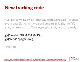 New tracking code
<script>ga=window.ga||function(){(ga.q=ga.q||[]).push
s=a.createElement(f),t=a.getElementsByTagName(f)[0...