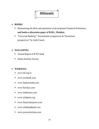 55
BOOKS
 Harmonizing the Role and operations of development Financial Institutions
and banks-a discussion paper of R.B.I., Mumbai.
 ―Universal Banking‖- International comparisons & Theoretical
perspectives‖ by Jordi Canals.
MAGAZINES
 Annual Report of ICICI bank
 Indian Institute Journal
WEBSITES
 www.rbi.org.in
 www.icicibank.com
 www.banknetindia.com
 www.barclays.com
 www.indiatimes.com
 www.icfaipress.org
 www.financialexpress.com
 www.allahabadbank.com
 www.economictimes.com
Bibliography
 