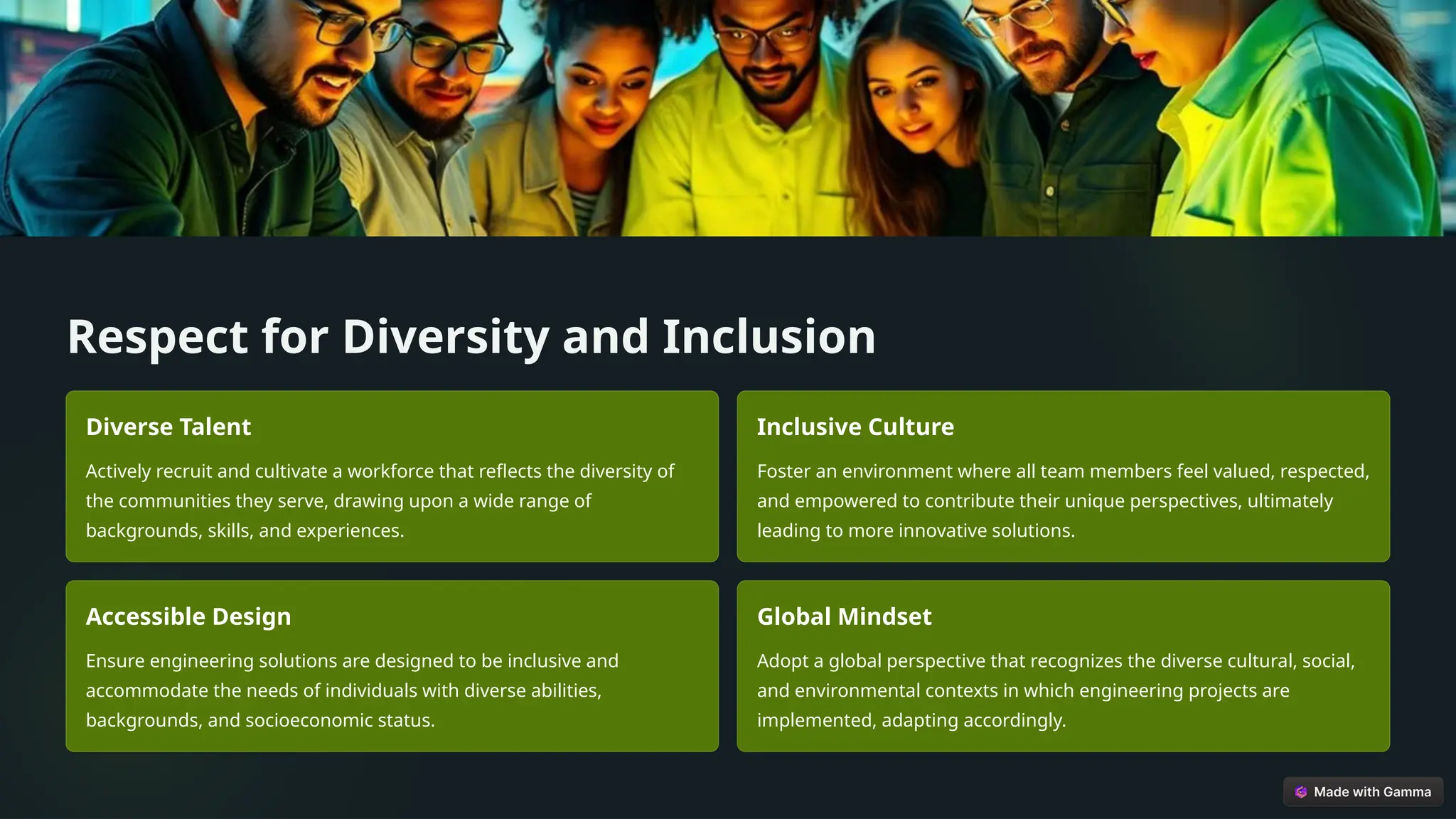 Respect for Diversity and Inclusion
Diverse Talent
Actively recruit and cultivate a workforce that reflects the diversity of
the communities they serve, drawing upon a wide range of
backgrounds, skills, and experiences.
Inclusive Culture
Foster an environment where all team members feel valued, respected,
and empowered to contribute their unique perspectives, ultimately
leading to more innovative solutions.
Accessible Design
Ensure engineering solutions are designed to be inclusive and
accommodate the needs of individuals with diverse abilities,
backgrounds, and socioeconomic status.
Global Mindset
Adopt a global perspective that recognizes the diverse cultural, social,
and environmental contexts in which engineering projects are
implemented, adapting accordingly.
 